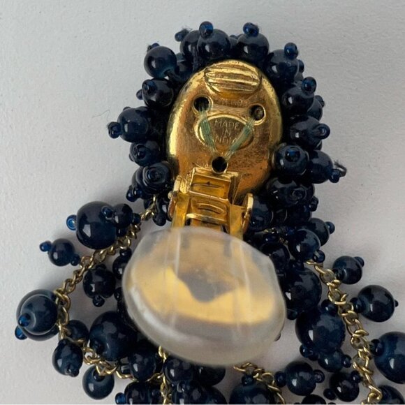 Women’s Oscar De La Renta,Azure Beaded Cascade ClipOn Earrings-4”.NavyBlue/Gold. - Picture 11 of 13